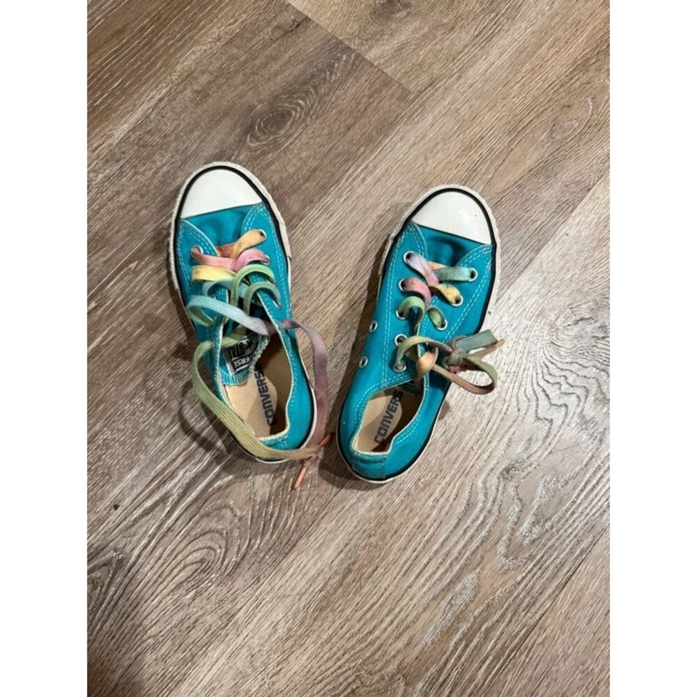 Converse Chuck Taylor All Star Teal Turquoise Low Top Rainbow Laces Shoes Kids
